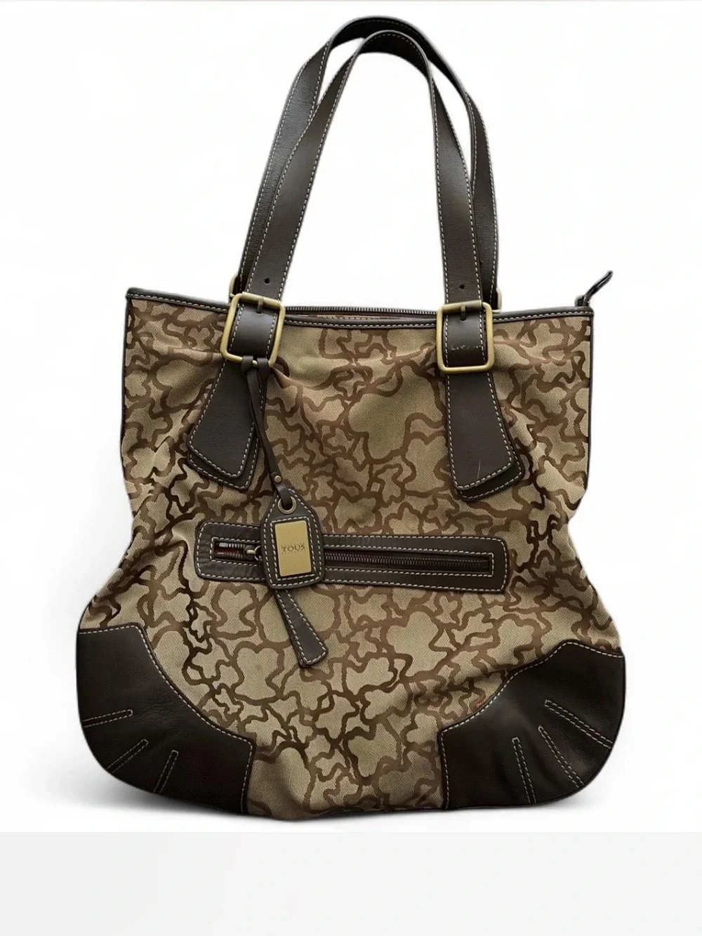Tous Brown Patterned Canvas and Dark Brown Leather Tote